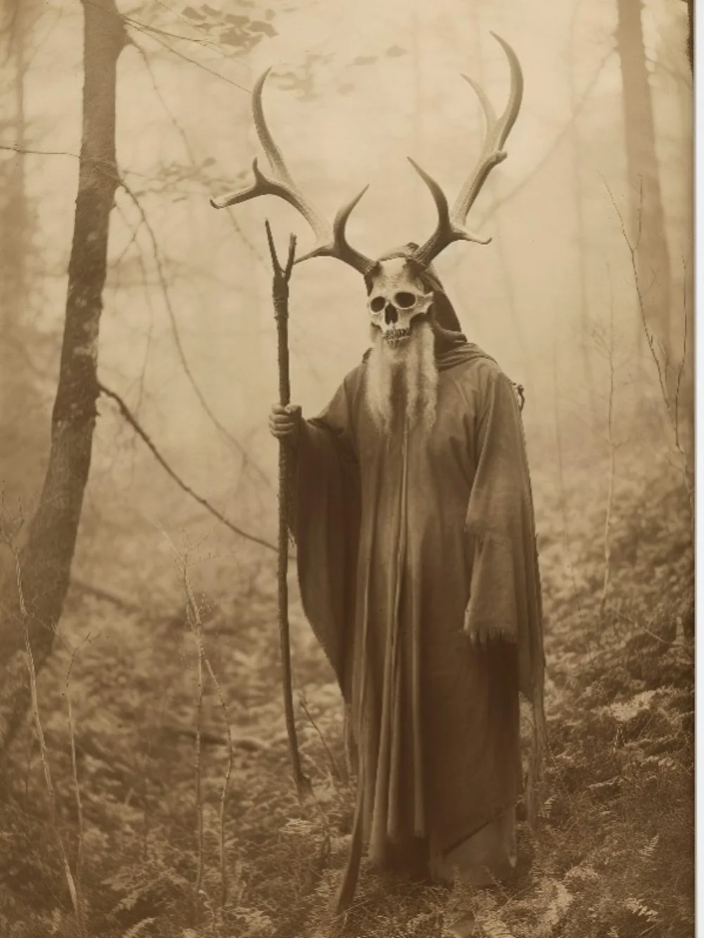 Vintage Style Folk Horror Canvas Print - Antlered Shaman Druid Forest Wall Art